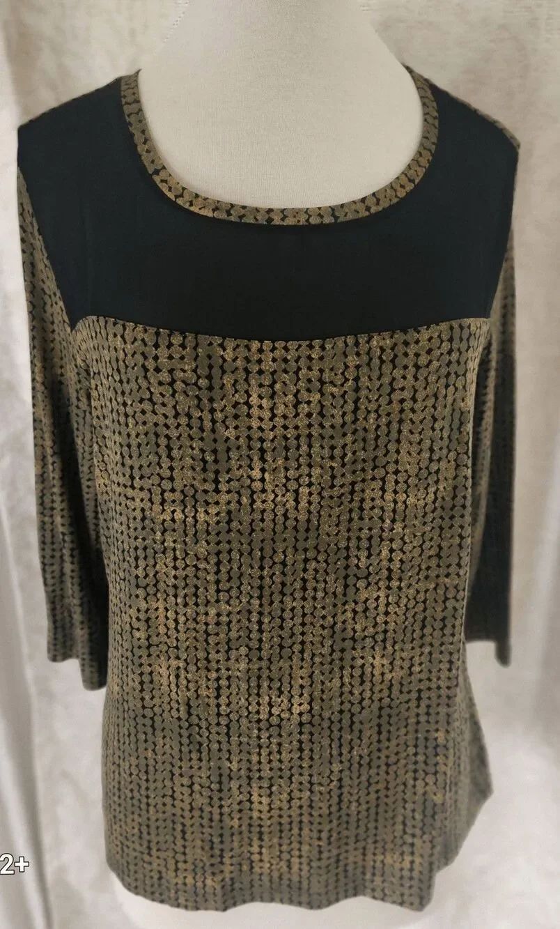 f5โCato stretcy blouse green & black patten black sheer chiffon yoke 3/4 sleeves